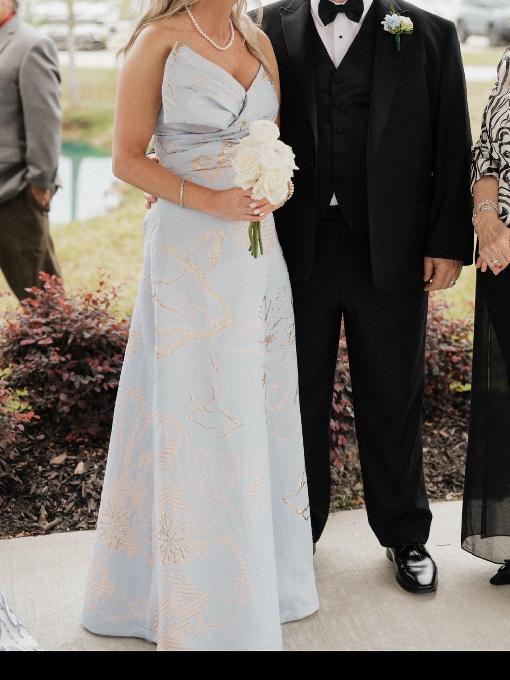 Strapless Light Blue Jacquard Gown with Pink & Gold Floral Accents